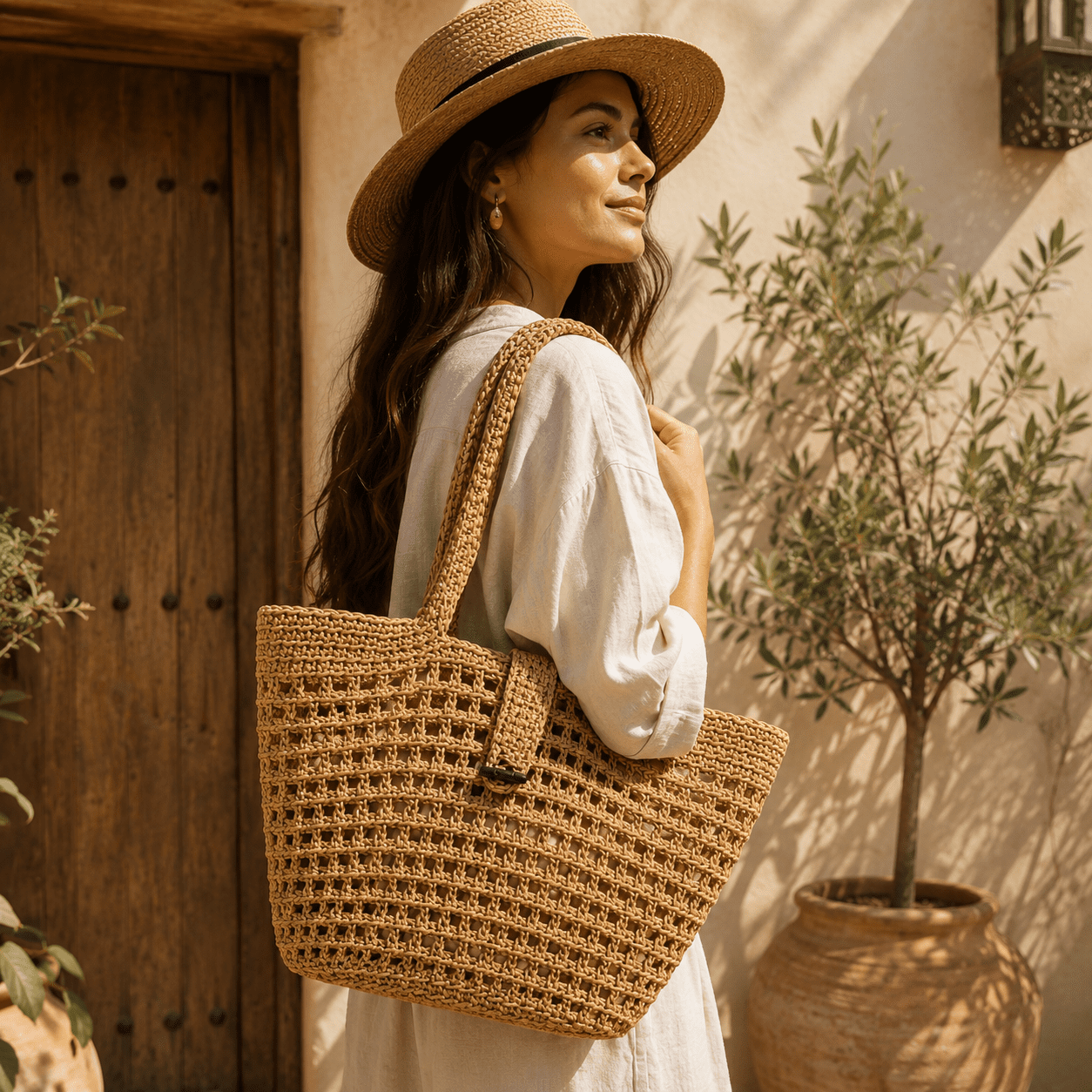 Panier Marocain Artisanal En Corde Kitan Crochetée